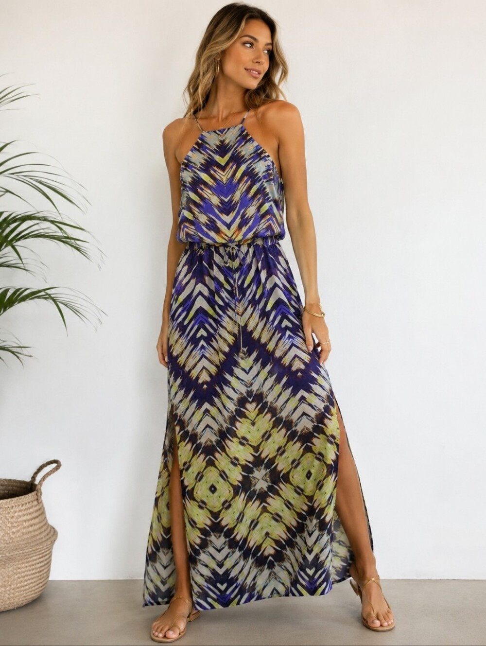 Boho Y2K Silky Halter Maxi Dress Abstract Print Side Slits City Triangles Size M